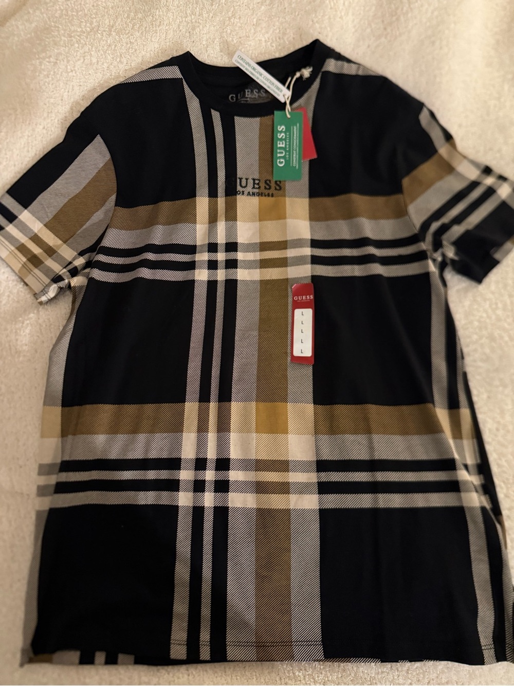 Guess Short-Sleeve Plaid Shirt in Black, Tan, White